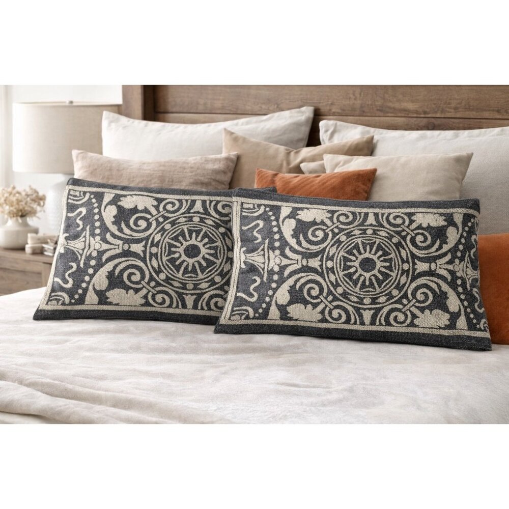 Superior Jacquard Pillowcases Set of 2 Medallion Gray Ivory 18x36
